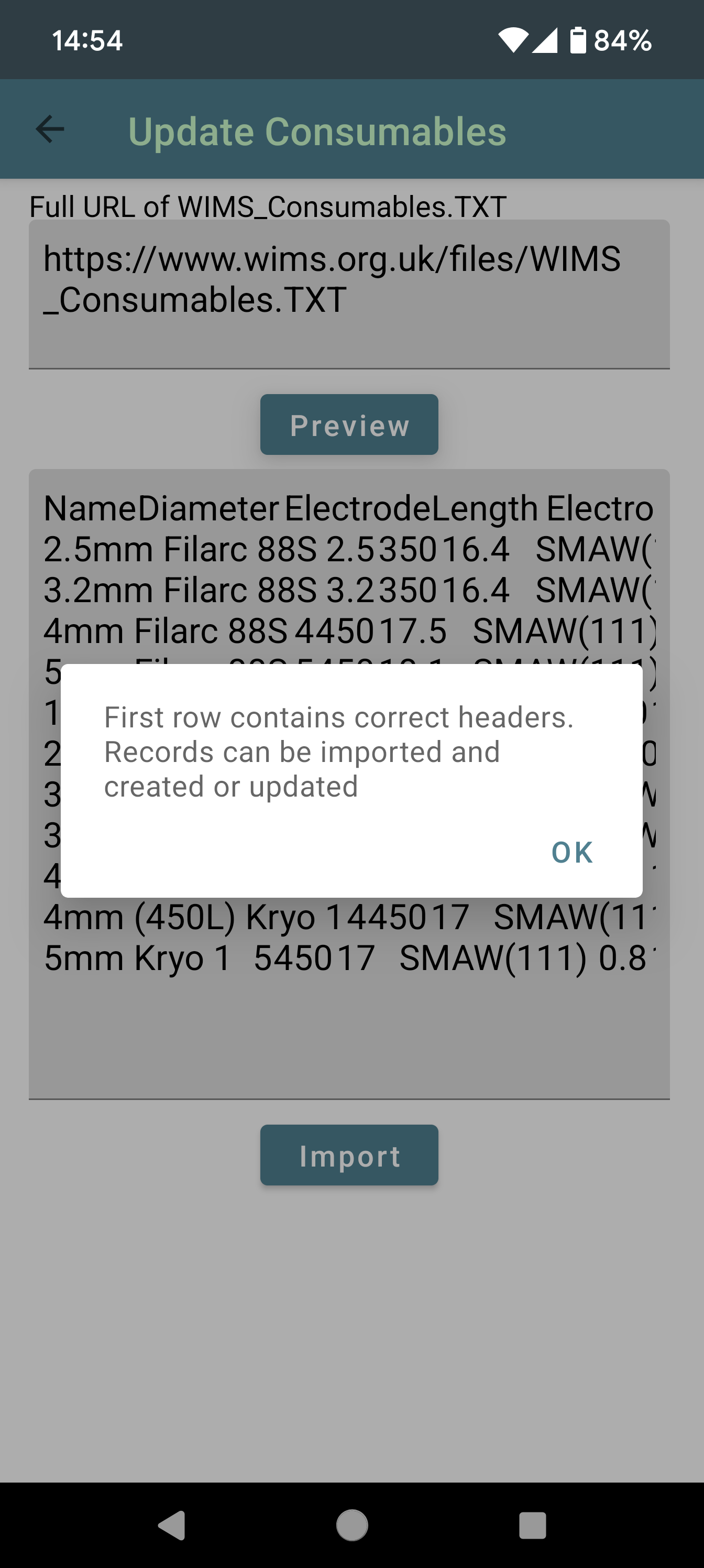 Import Consumables Screen