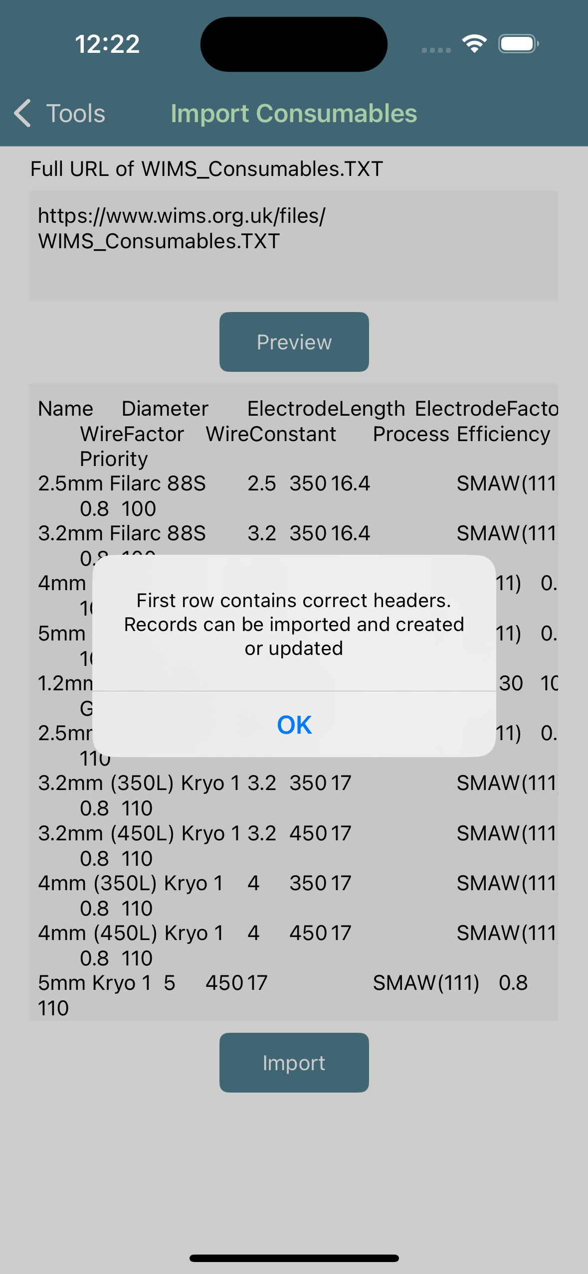 Import Consumables Screen